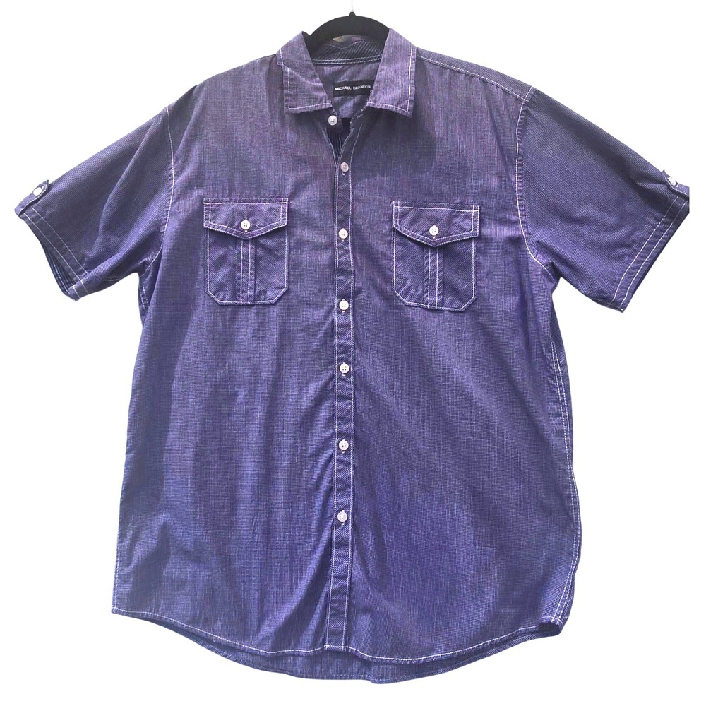 Michael Brandon Mens Blue Checkered Button Up Short Sleeve Shirt L casual dress